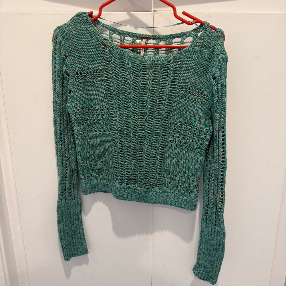 FREE PEOPLE crochet top long sleeve turquoise green-yellow knit